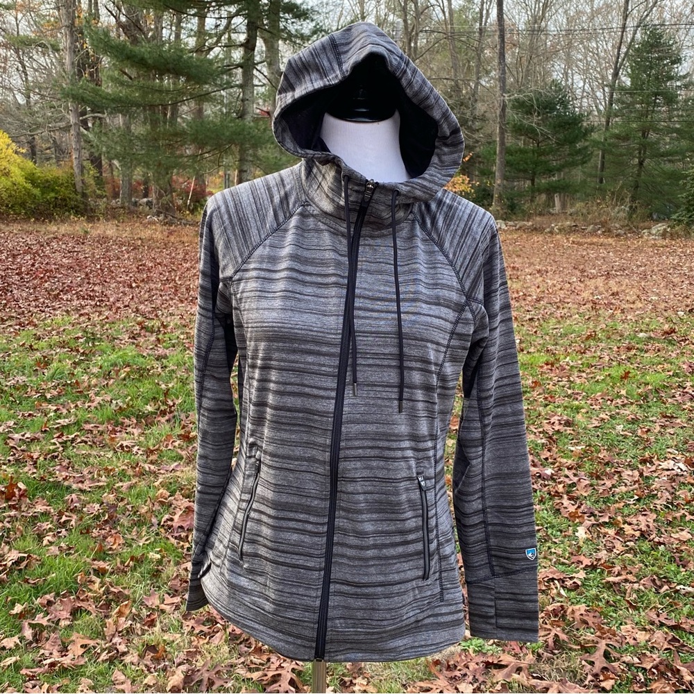 KÜHL SWEATSHIRT HOODIE TOP GRAY BLACK ZIP FRONT POCKETS THUMB HOLES SIZE M